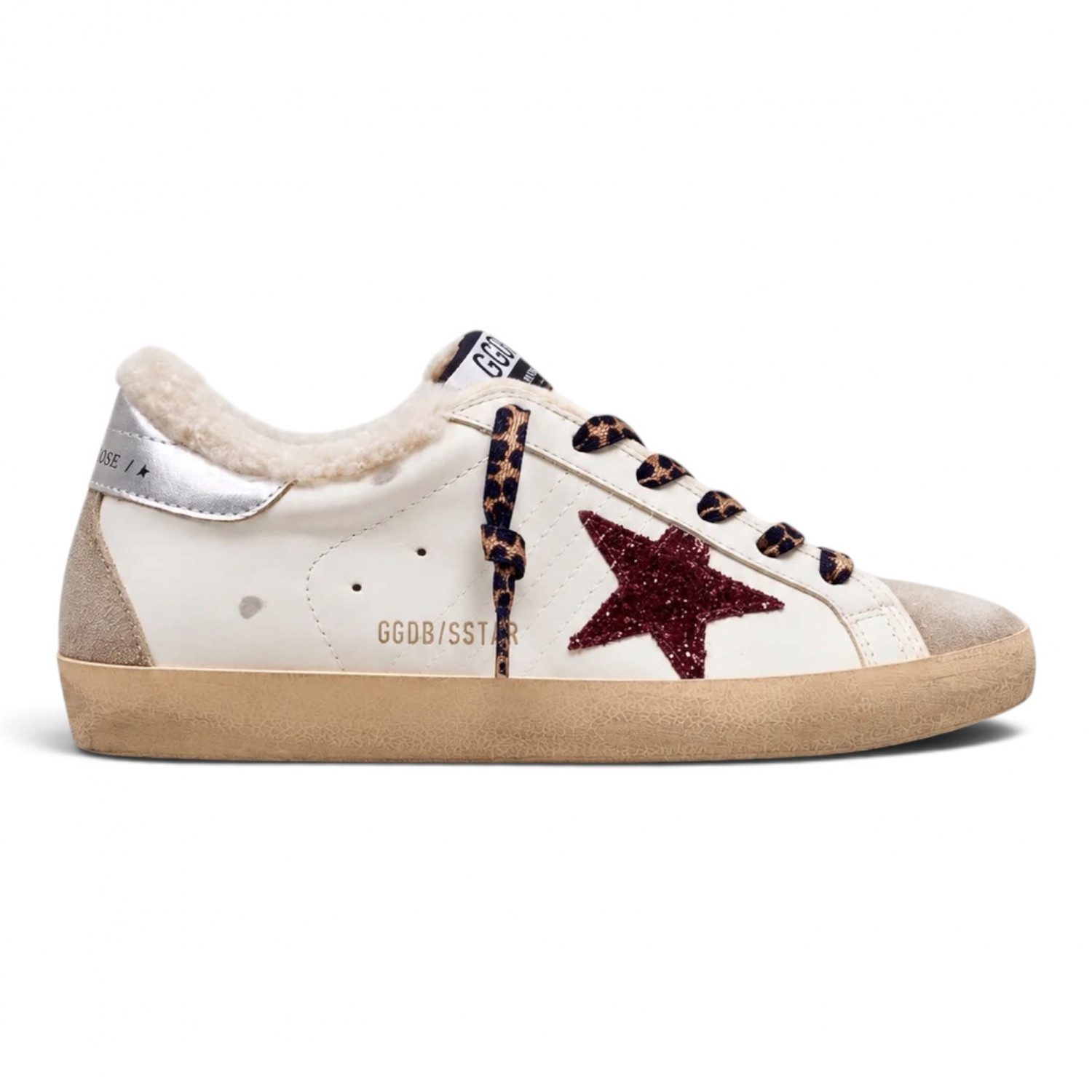 Super Star Shearling with burgundy glitter star and burgundy heel tab
