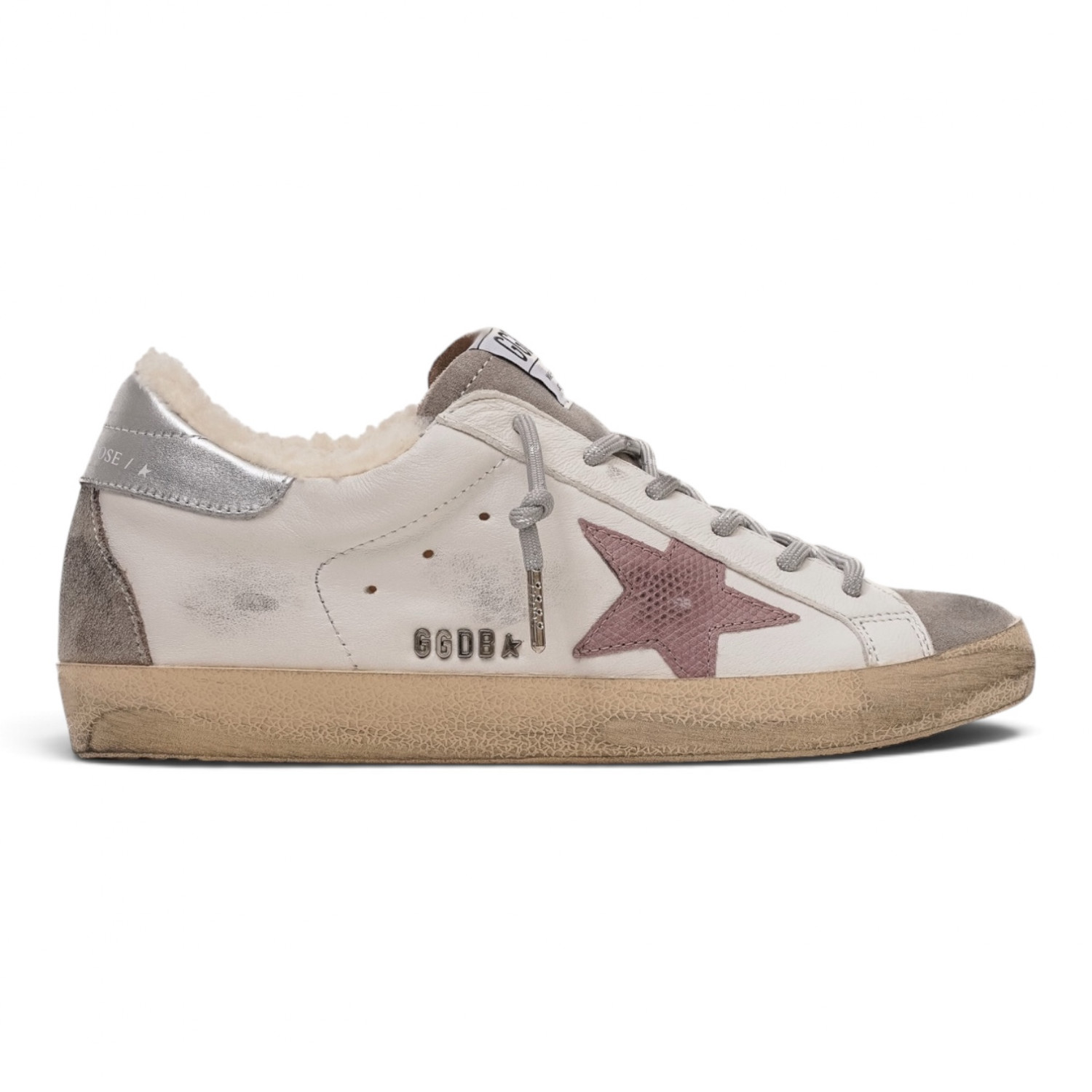 Super Star Shearling in white leather with pink star and silver heel tab