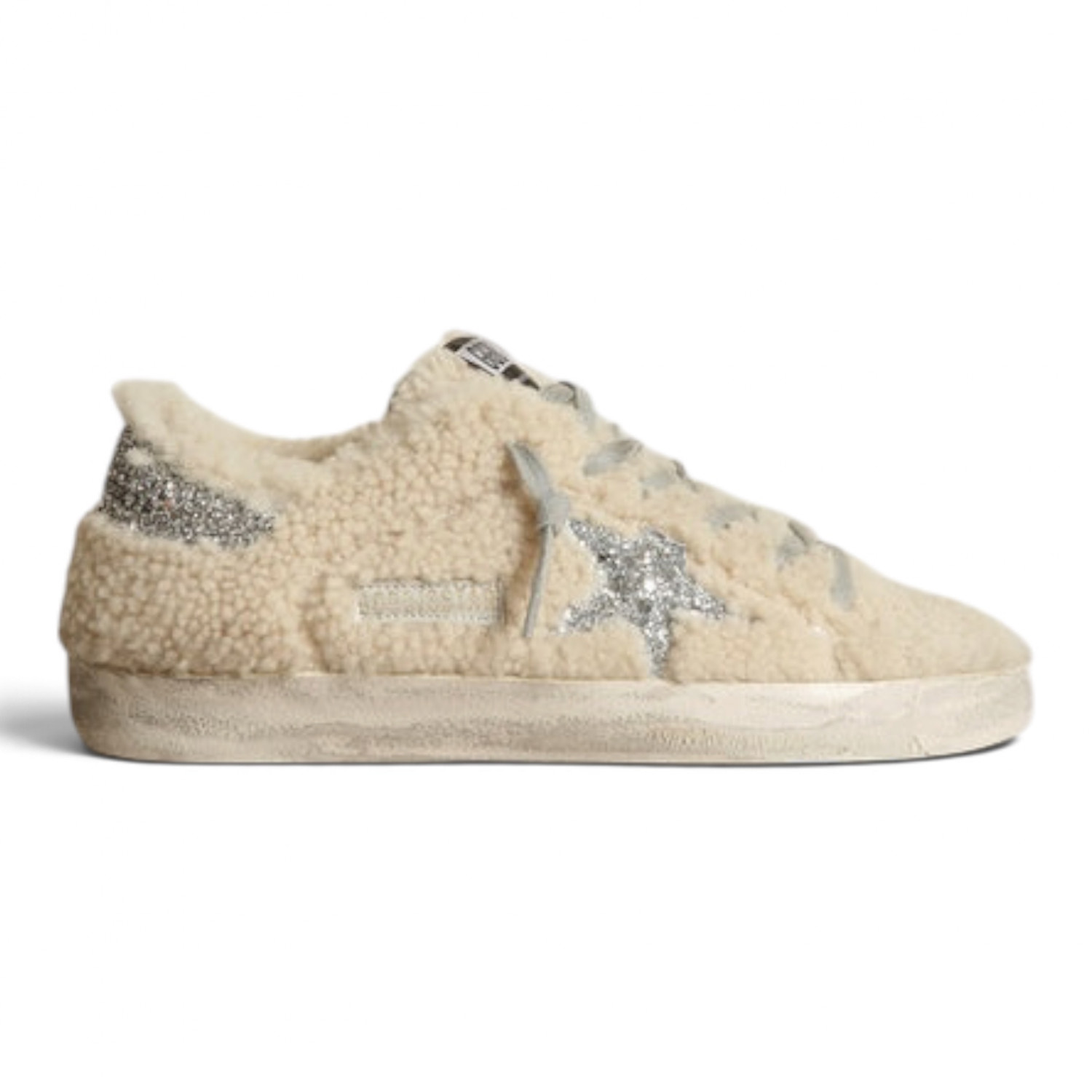 Super Star Shearling Beige with Silver Glitter Star and Heel Tab